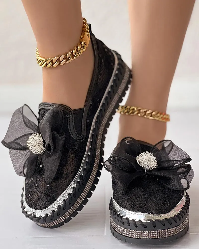 Contrast Sequin Breathable Bowknot Decor Loafers