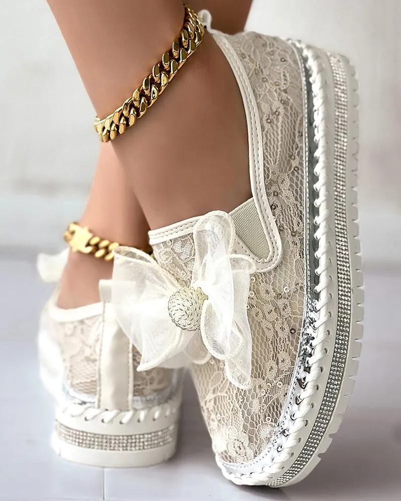 Contrast Sequin Breathable Bowknot Decor Loafers