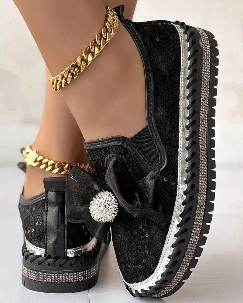 Contrast Sequin Breathable Bowknot Decor Loafers