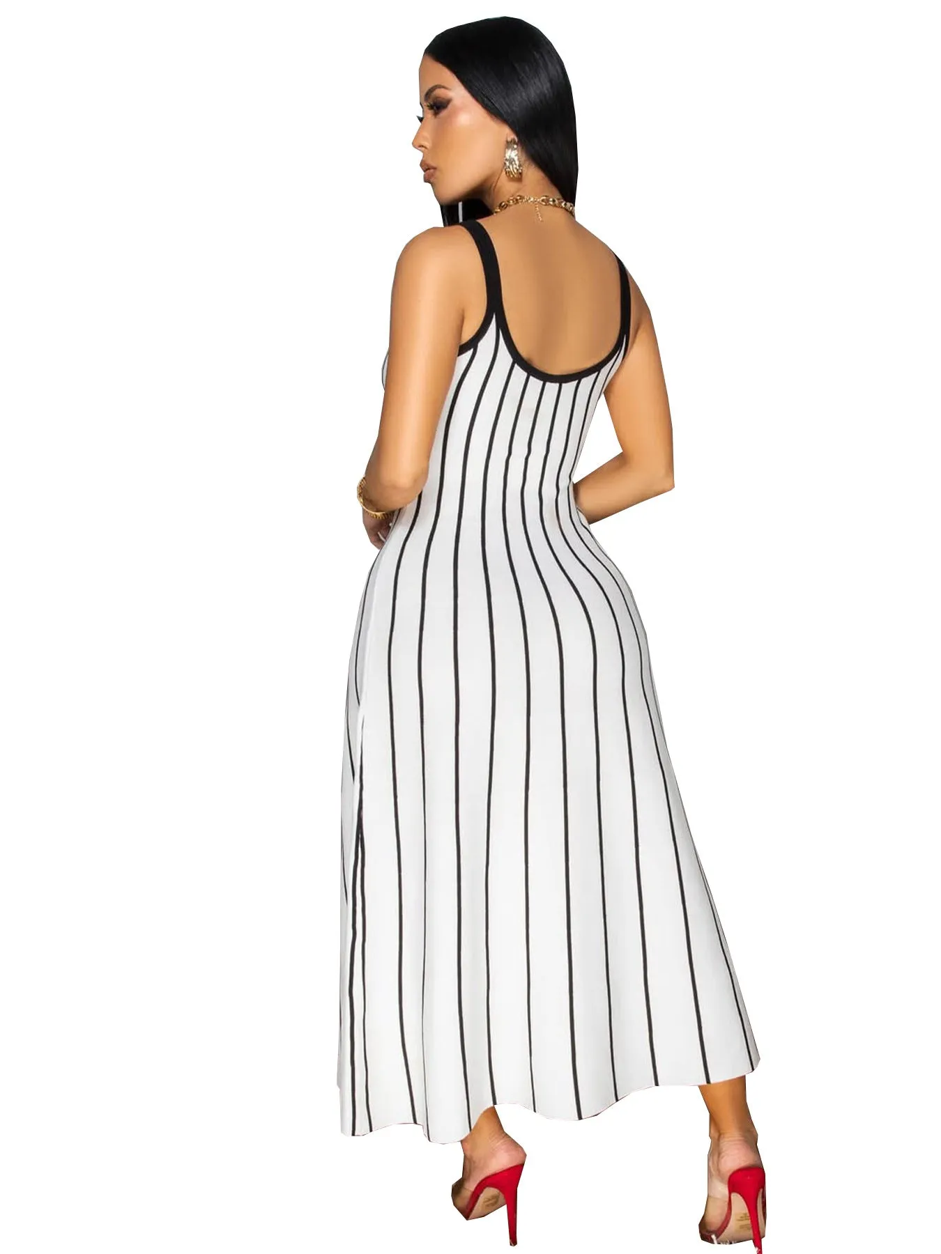 Elegant Retro Striped Sleeveless Maxi Dress with Contrast Detailing