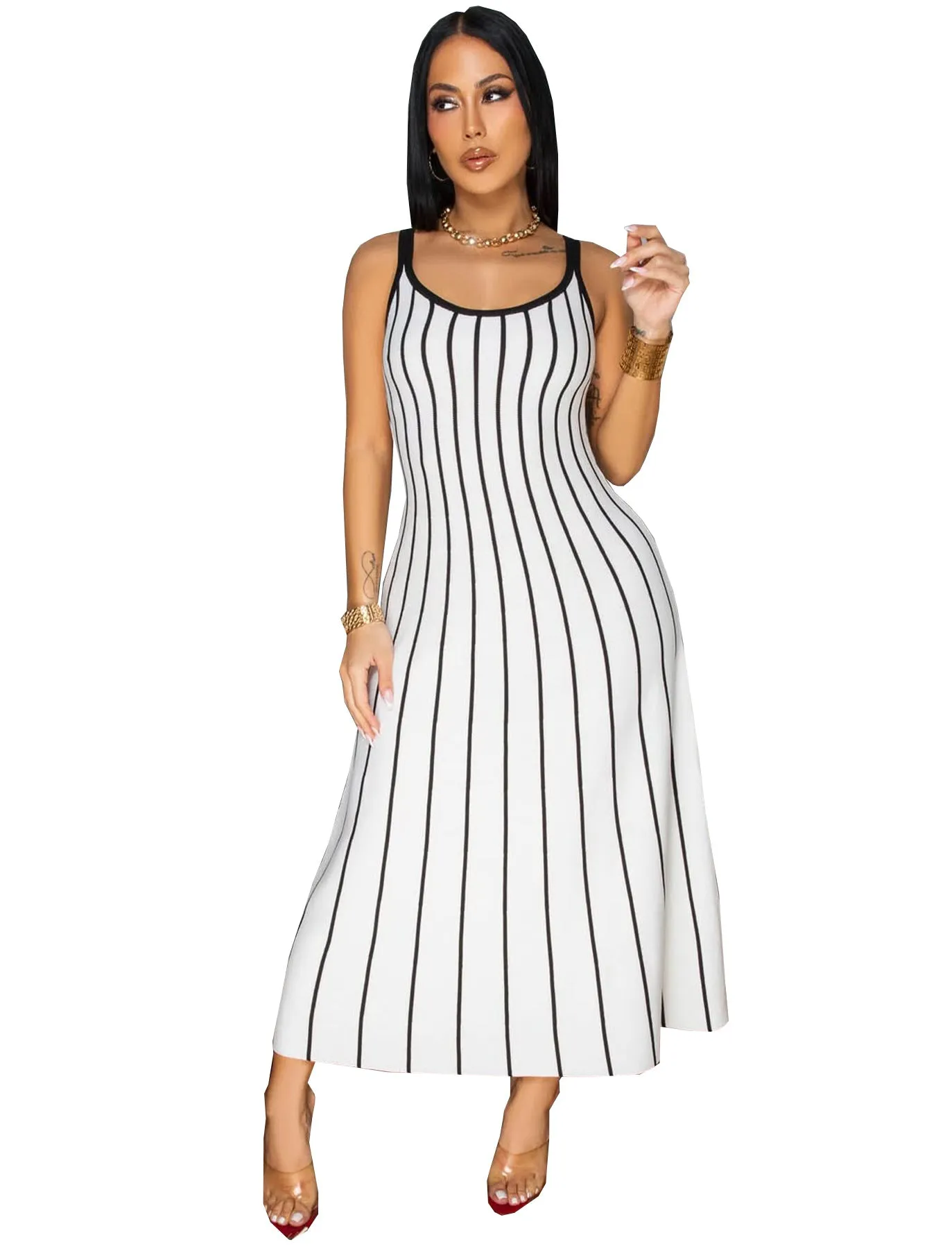 Elegant Retro Striped Sleeveless Maxi Dress with Contrast Detailing