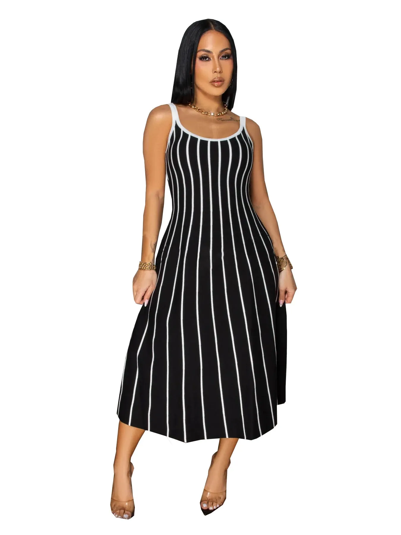 Elegant Retro Striped Sleeveless Maxi Dress with Contrast Detailing