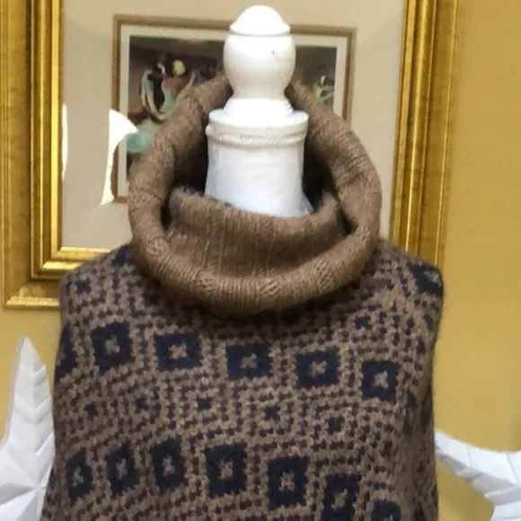 Fratelli Talli Navy Blue Brown Alpaca Wool Blend Pullover Poncho Made in Italy