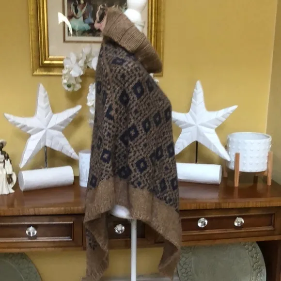 Fratelli Talli Navy Blue Brown Alpaca Wool Blend Pullover Poncho Made in Italy