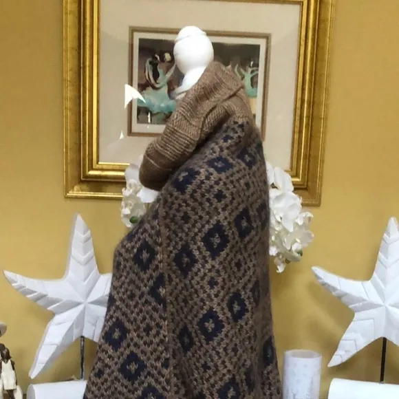 Fratelli Talli Navy Blue Brown Alpaca Wool Blend Pullover Poncho Made in Italy