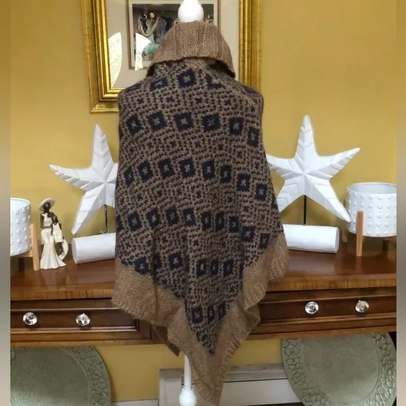 Fratelli Talli Navy Blue Brown Alpaca Wool Blend Pullover Poncho Made in Italy