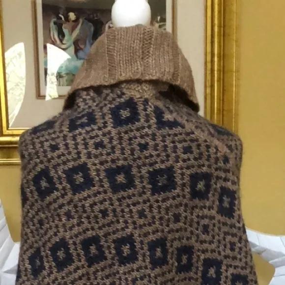Fratelli Talli Navy Blue Brown Alpaca Wool Blend Pullover Poncho Made in Italy