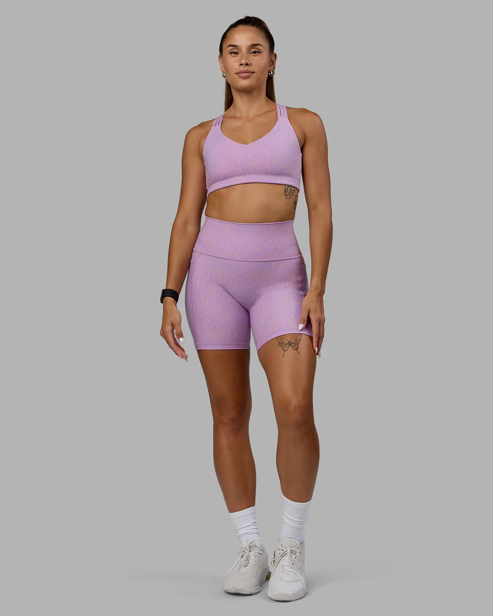 Fusion Mid Short Tights with Pockets - Pale Lilac Vitality Print