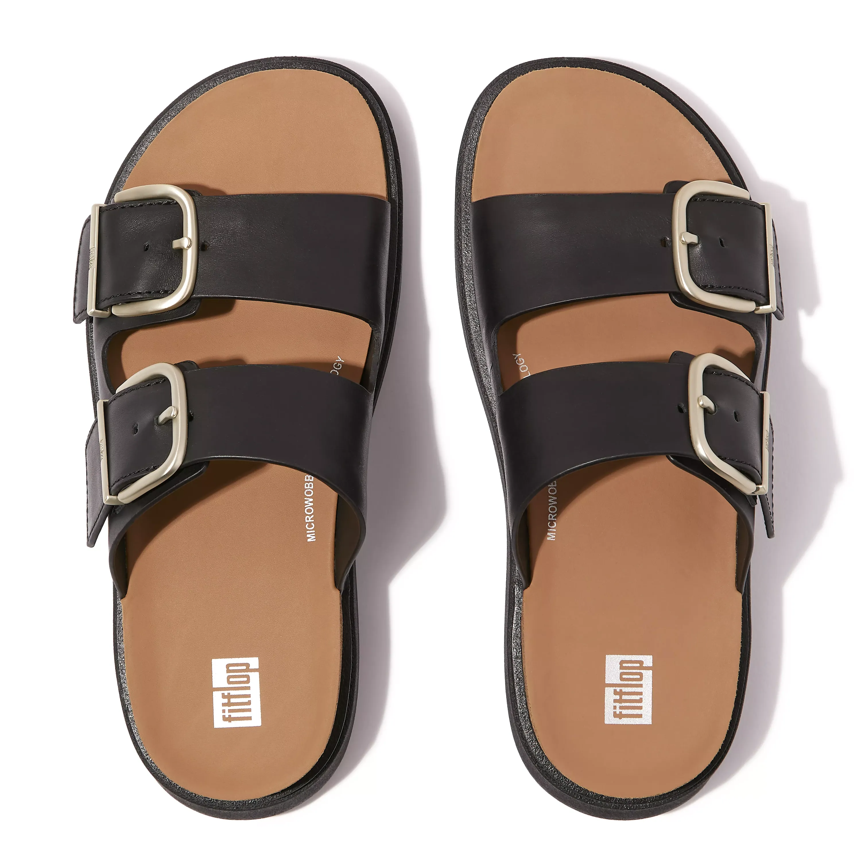 Gen-FF Buckle Two-Bar Leather Slides in Black