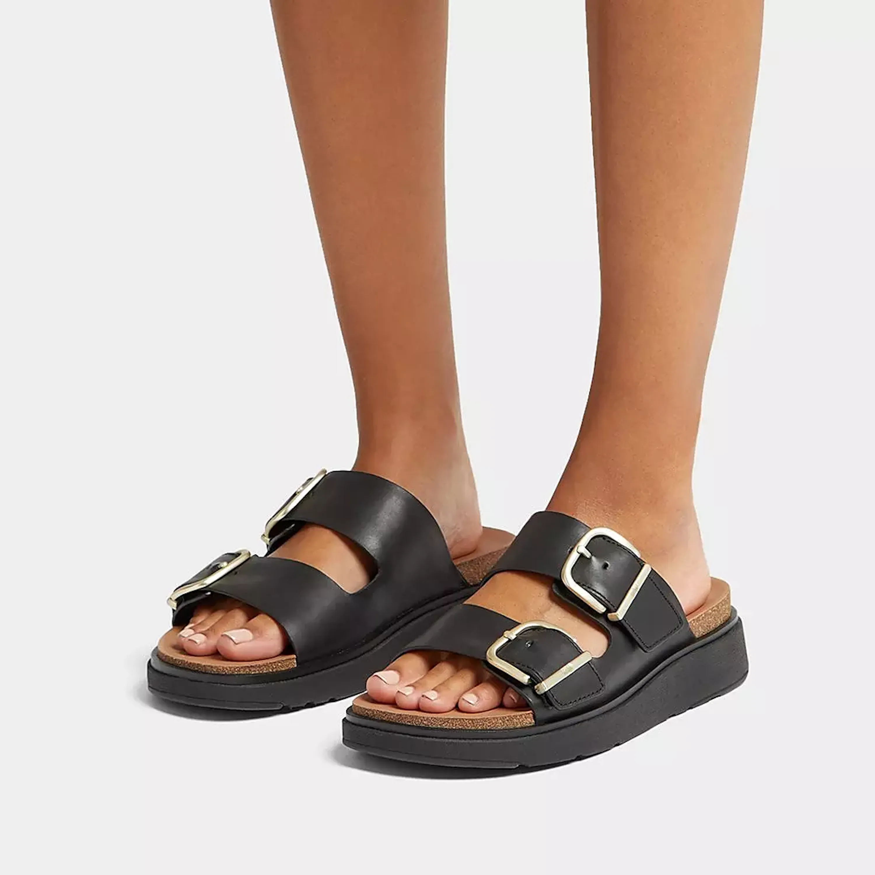 Gen-FF Buckle Two-Bar Leather Slides in Black