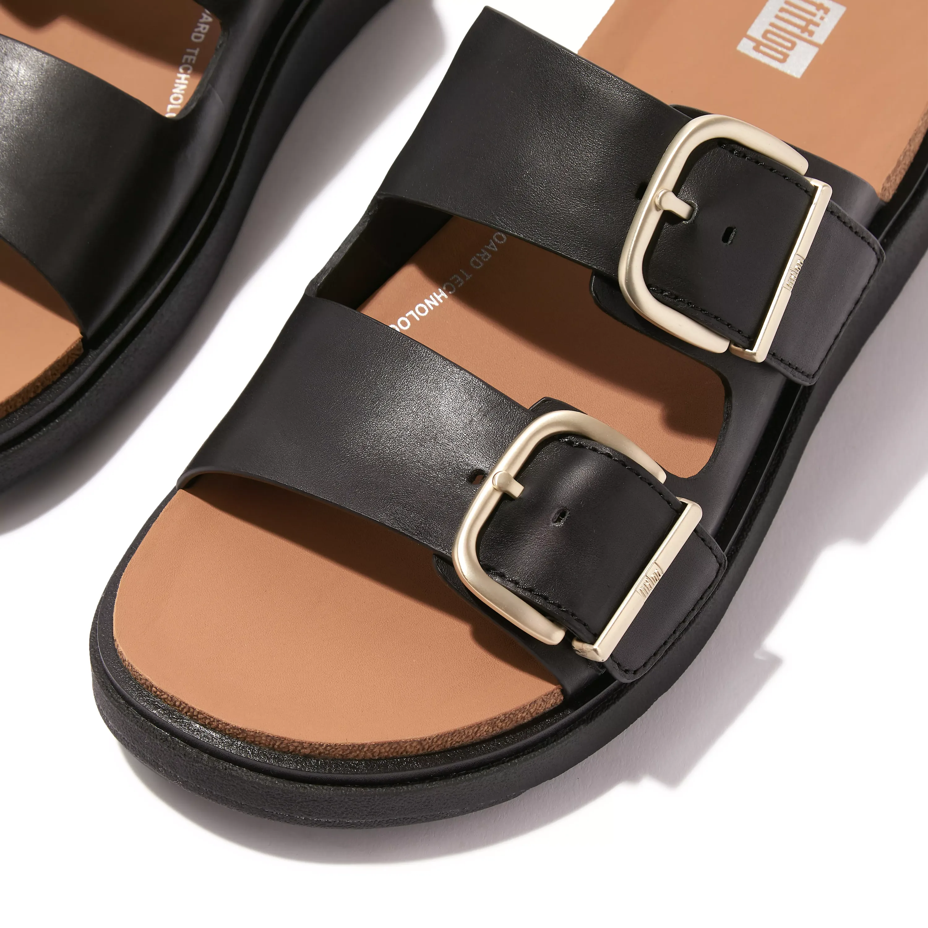Gen-FF Buckle Two-Bar Leather Slides in Black