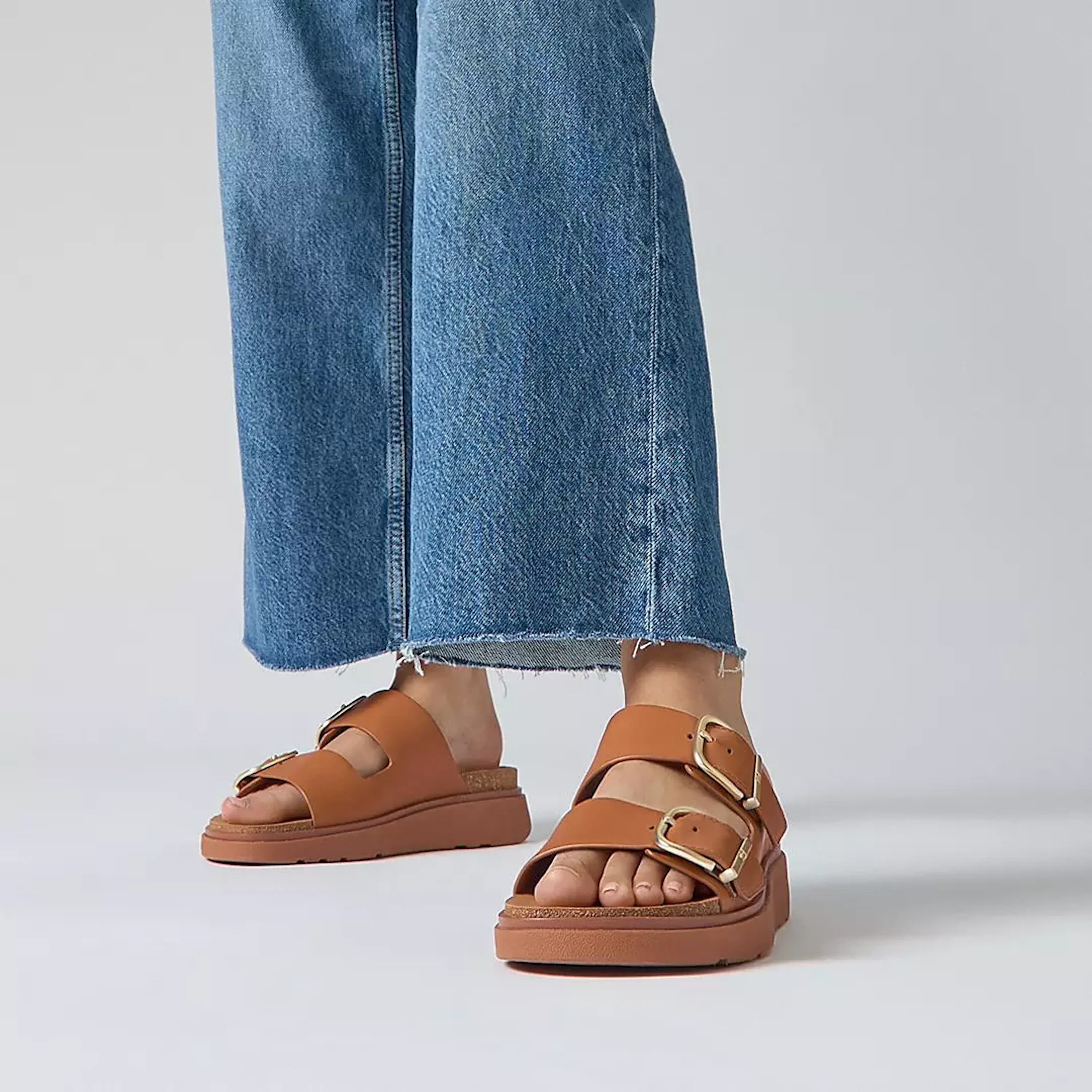 Gen-FF Buckle Two-Bar Leather Slides in Light Tan