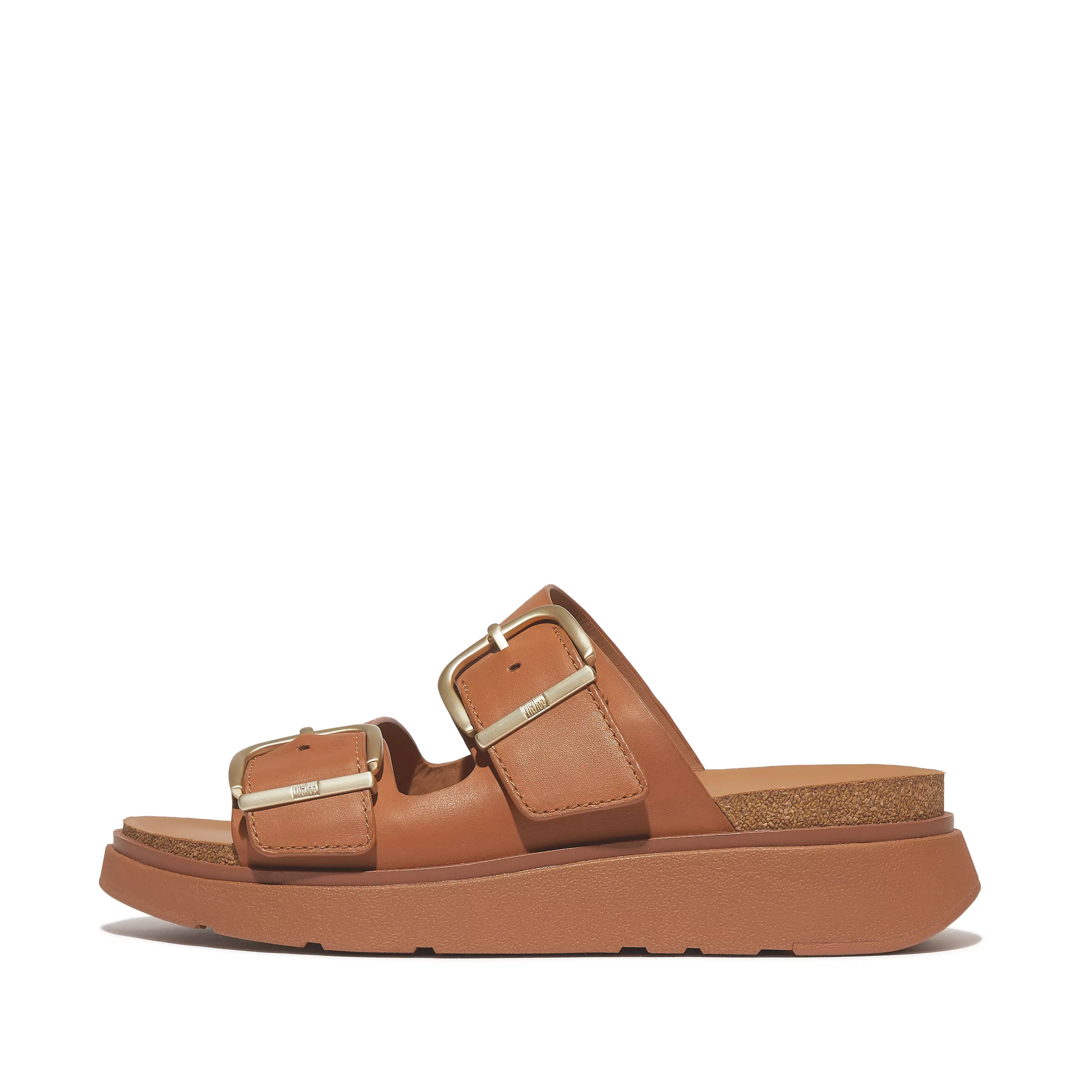 Gen-FF Buckle Two-Bar Leather Slides in Light Tan