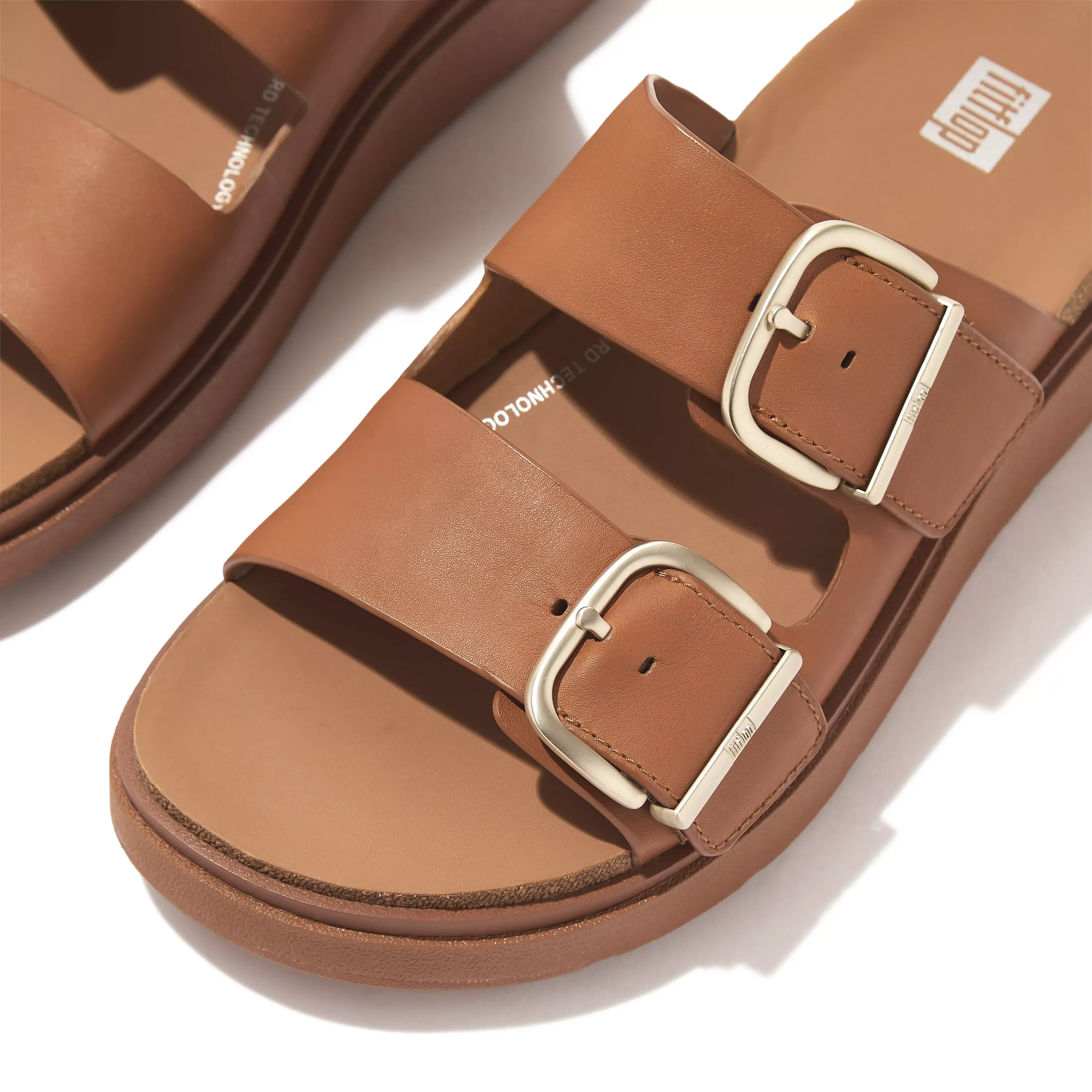 Gen-FF Buckle Two-Bar Leather Slides in Light Tan