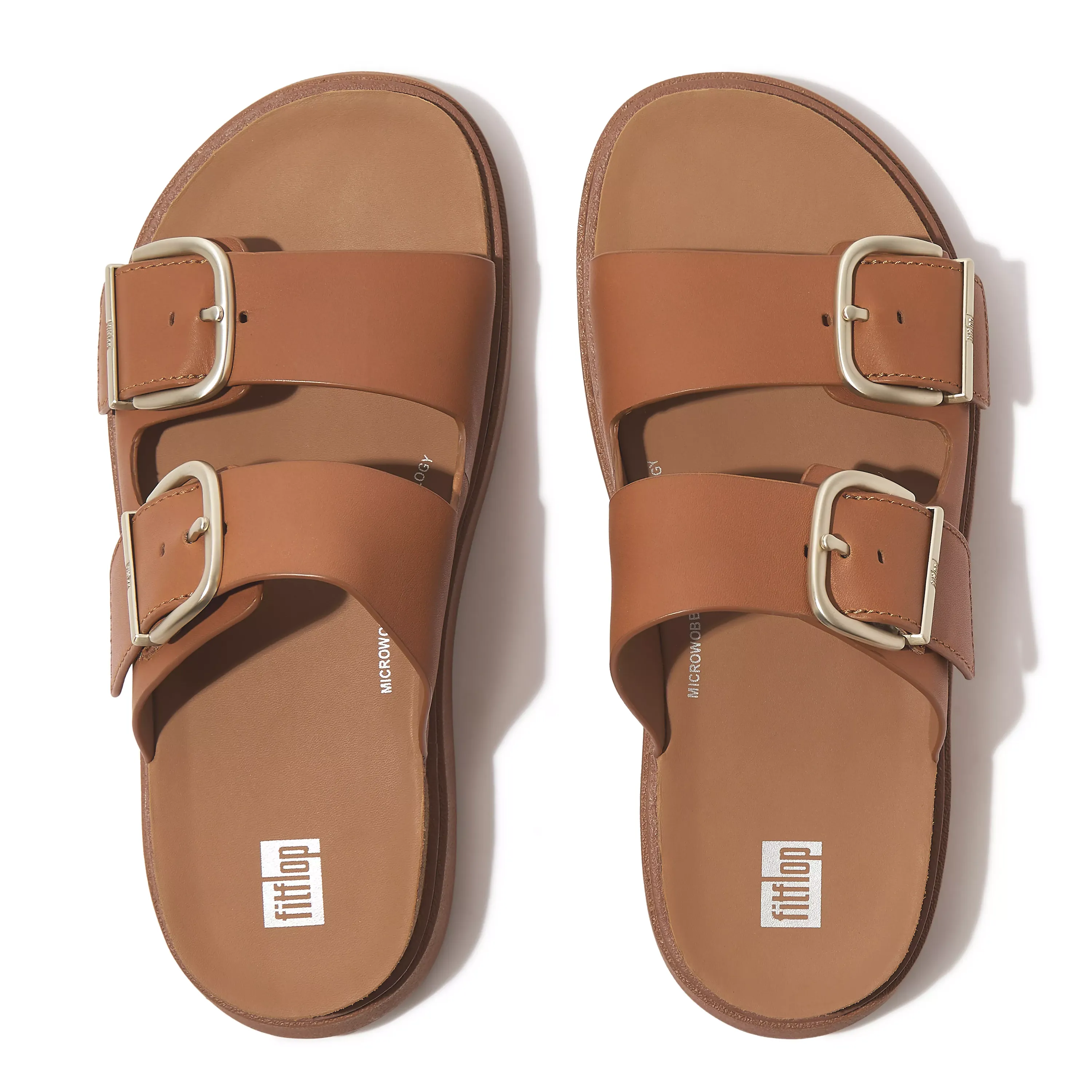 Gen-FF Buckle Two-Bar Leather Slides in Light Tan
