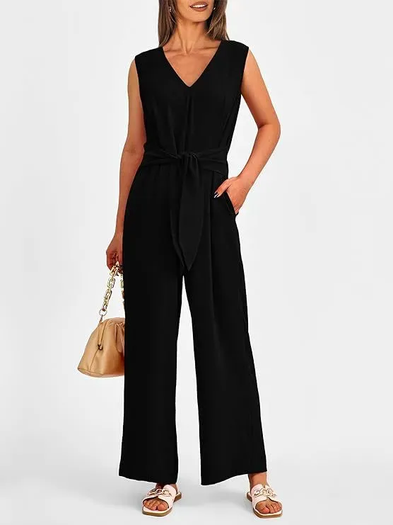 Genesis Sleeveless V-Neck Belted Wide-Leg Jumpsuit