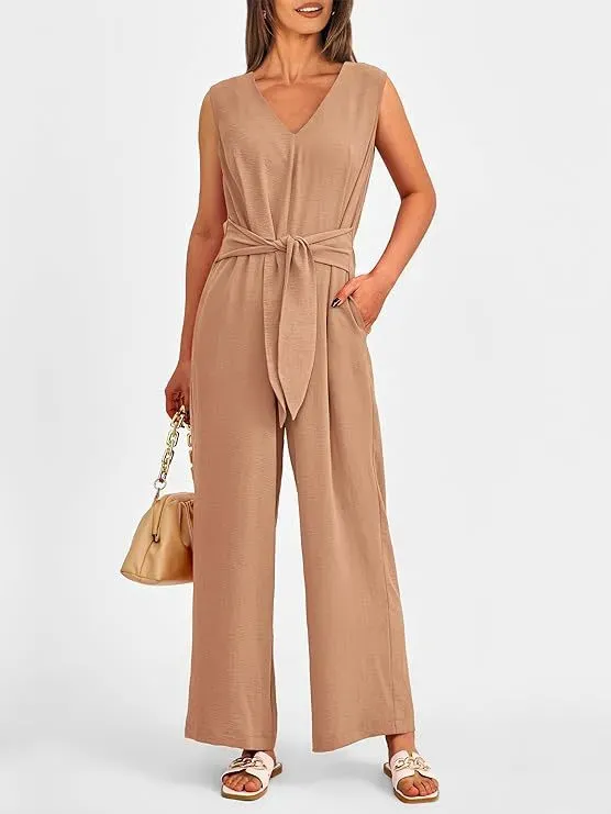 Genesis Sleeveless V-Neck Belted Wide-Leg Jumpsuit