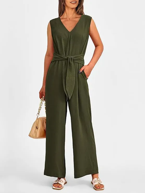 Genesis Sleeveless V-Neck Belted Wide-Leg Jumpsuit