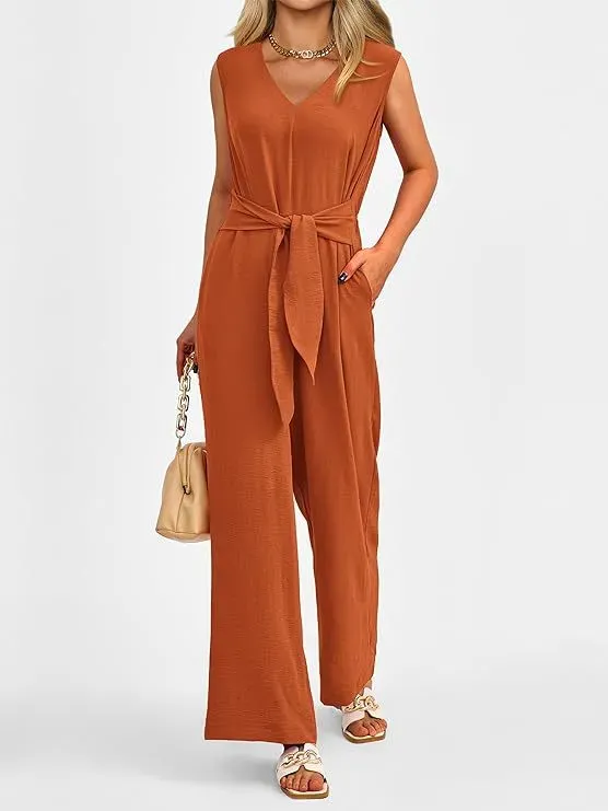 Genesis Sleeveless V-Neck Belted Wide-Leg Jumpsuit