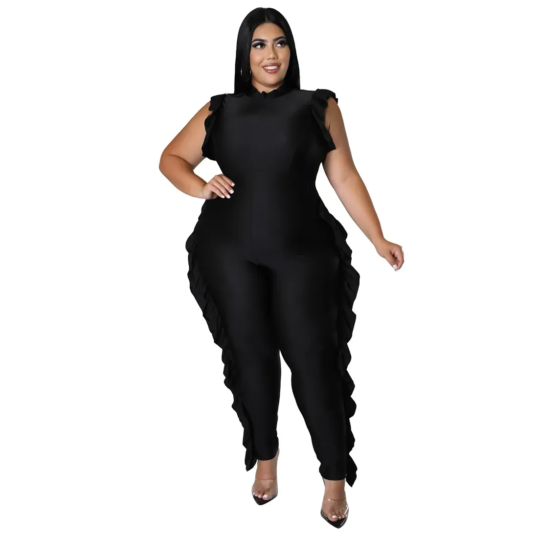 Gianna Plus Size High-Neck Ruffle Bodycon Jumpsuit