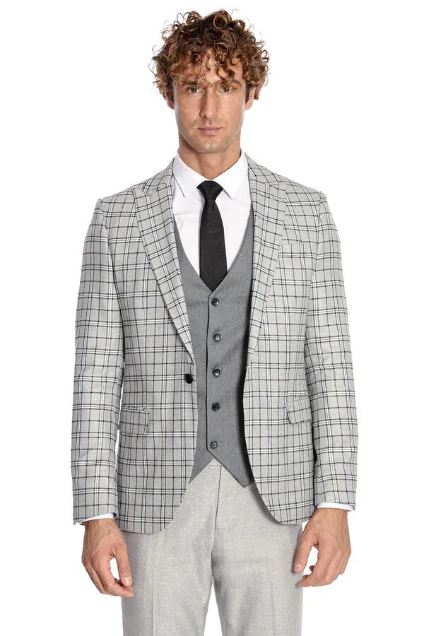 Grey Vested Slim Fit Checked Light Grey Men Suit - Wessi