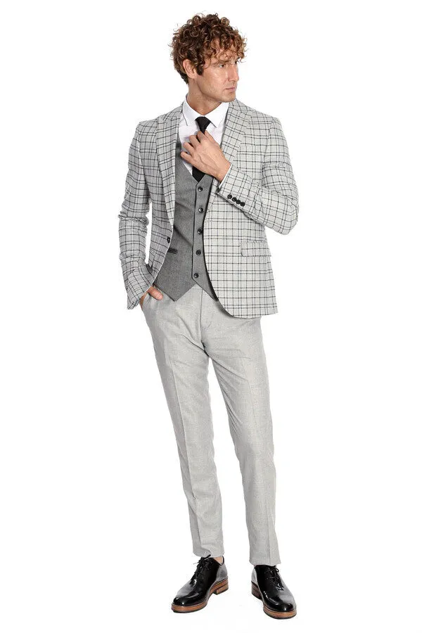 Grey Vested Slim Fit Checked Light Grey Men Suit - Wessi