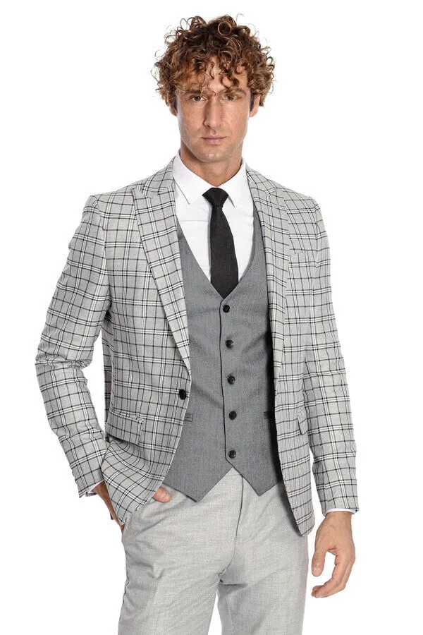 Grey Vested Slim Fit Checked Light Grey Men Suit - Wessi