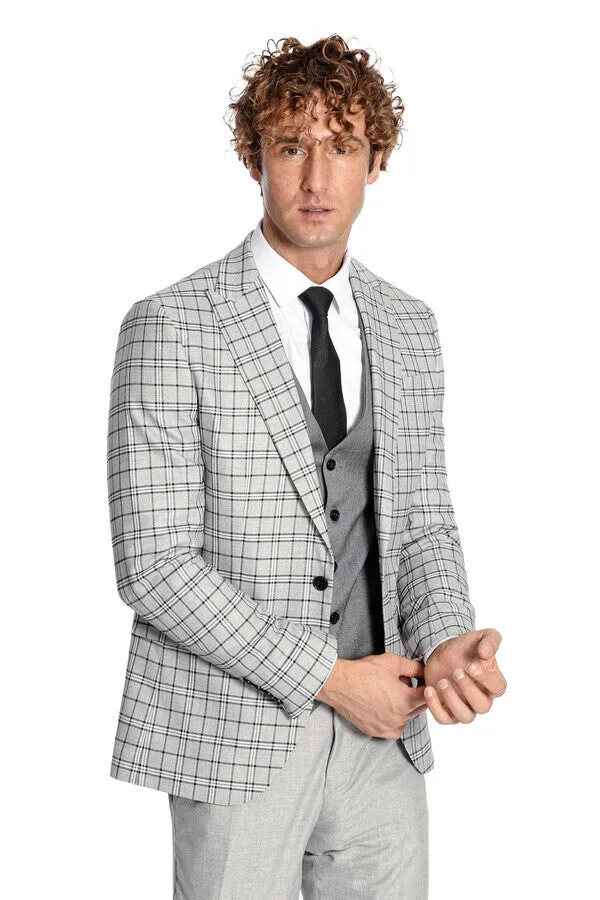 Grey Vested Slim Fit Checked Light Grey Men Suit - Wessi