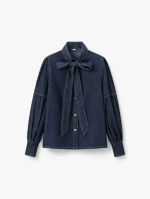 Jada | Women's Denim Button Down Blouse Long Sleeve Bow Tie Neck Shirt