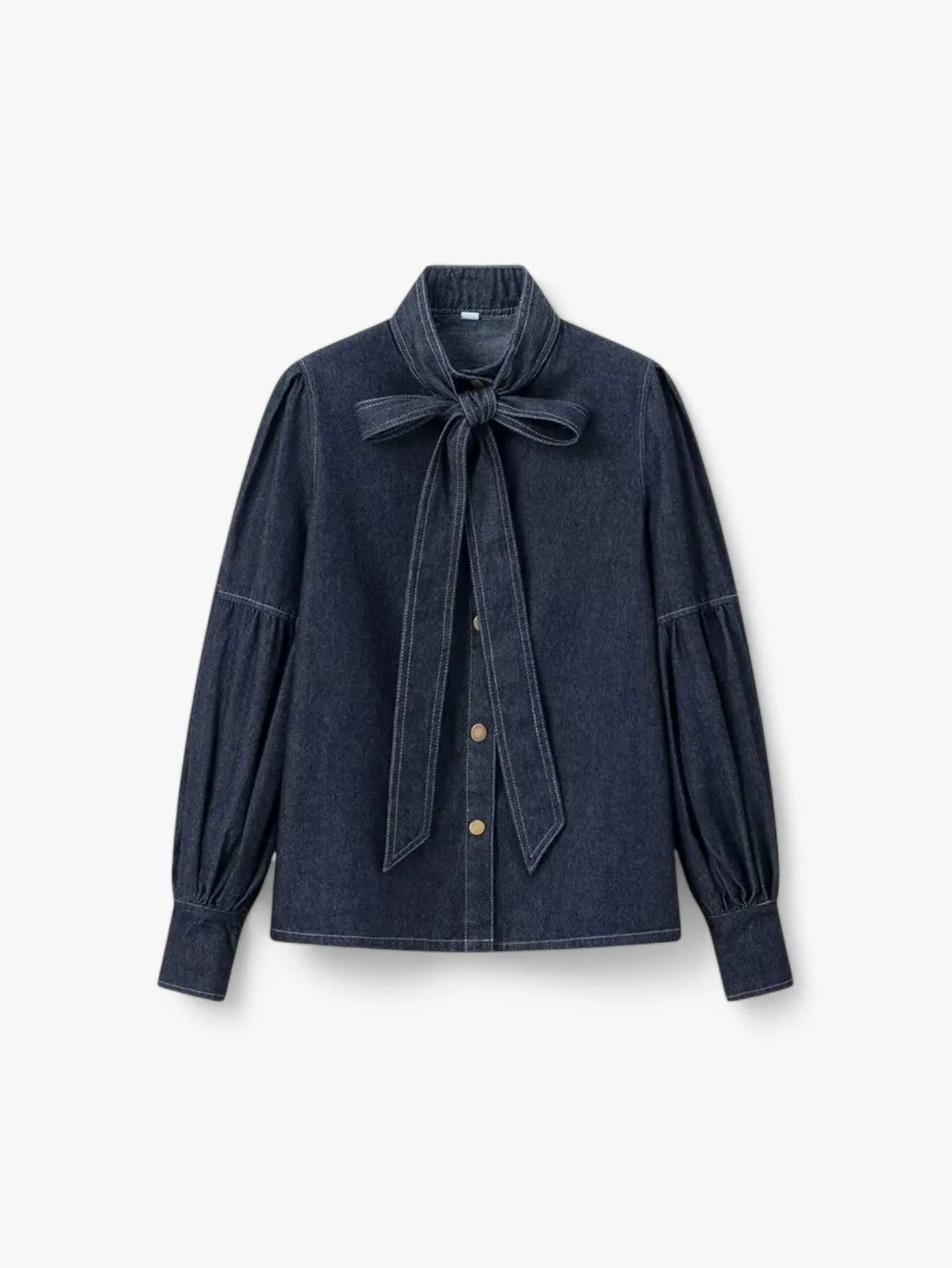 Jada | Women's Denim Button Down Blouse Long Sleeve Bow Tie Neck Shirt