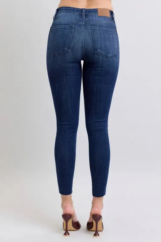 Judy Blue Mid Rise Skinny Jeans with Raw Hem