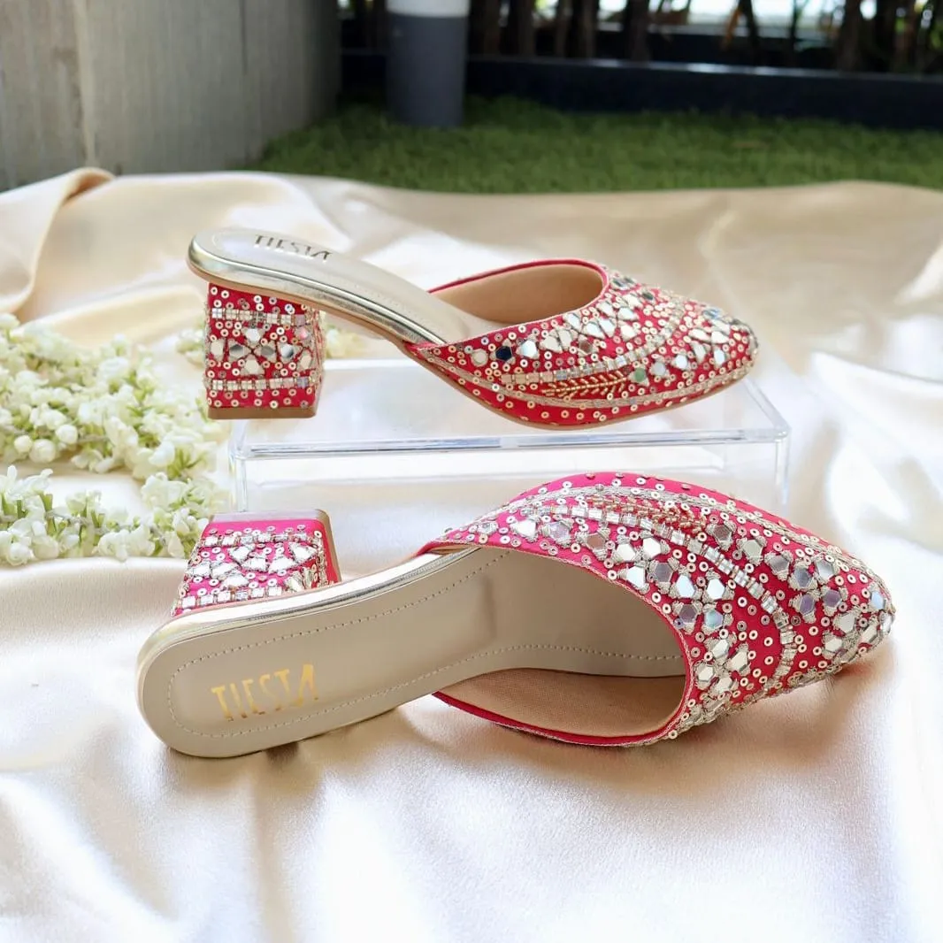 MIRROR MAGIC- Pink Mirror Embroidered Block heels I Tiesta Shoes
