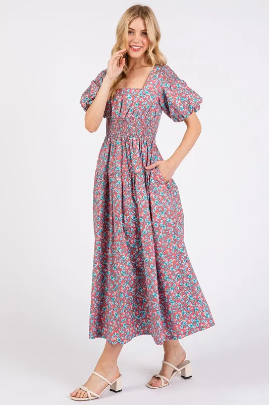 Mittoshop Smocked Floral Square Neck Puff Sleeve Midi Dress