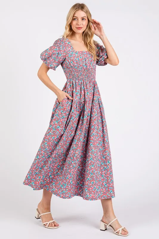 Mittoshop Smocked Floral Square Neck Puff Sleeve Midi Dress