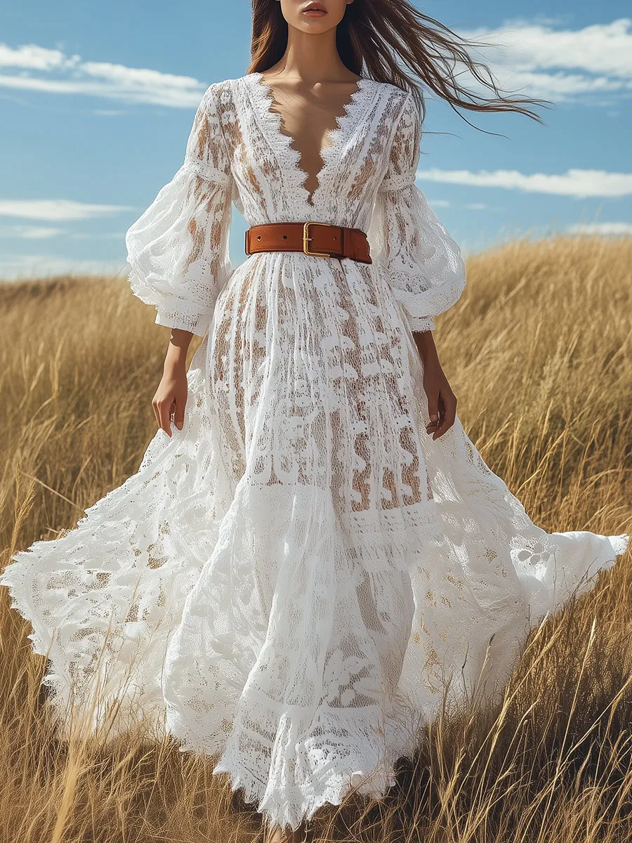 Nancy™ | V-neck Lantern Sleeve Maxi Dress