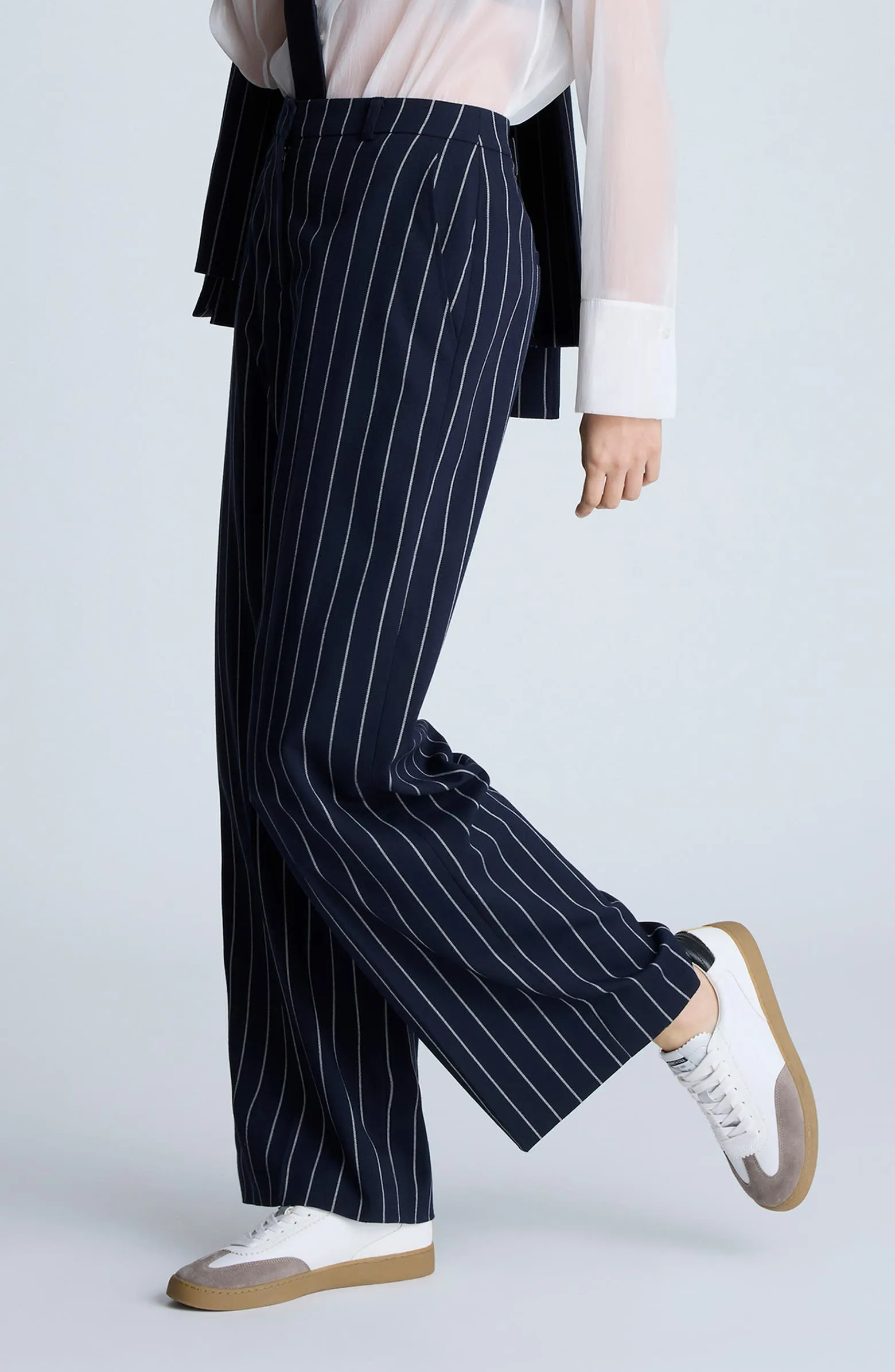 Navy 2 Piece Peak Lapel Double Breasted Wide Leg Pants Casual Striped Women's Suit