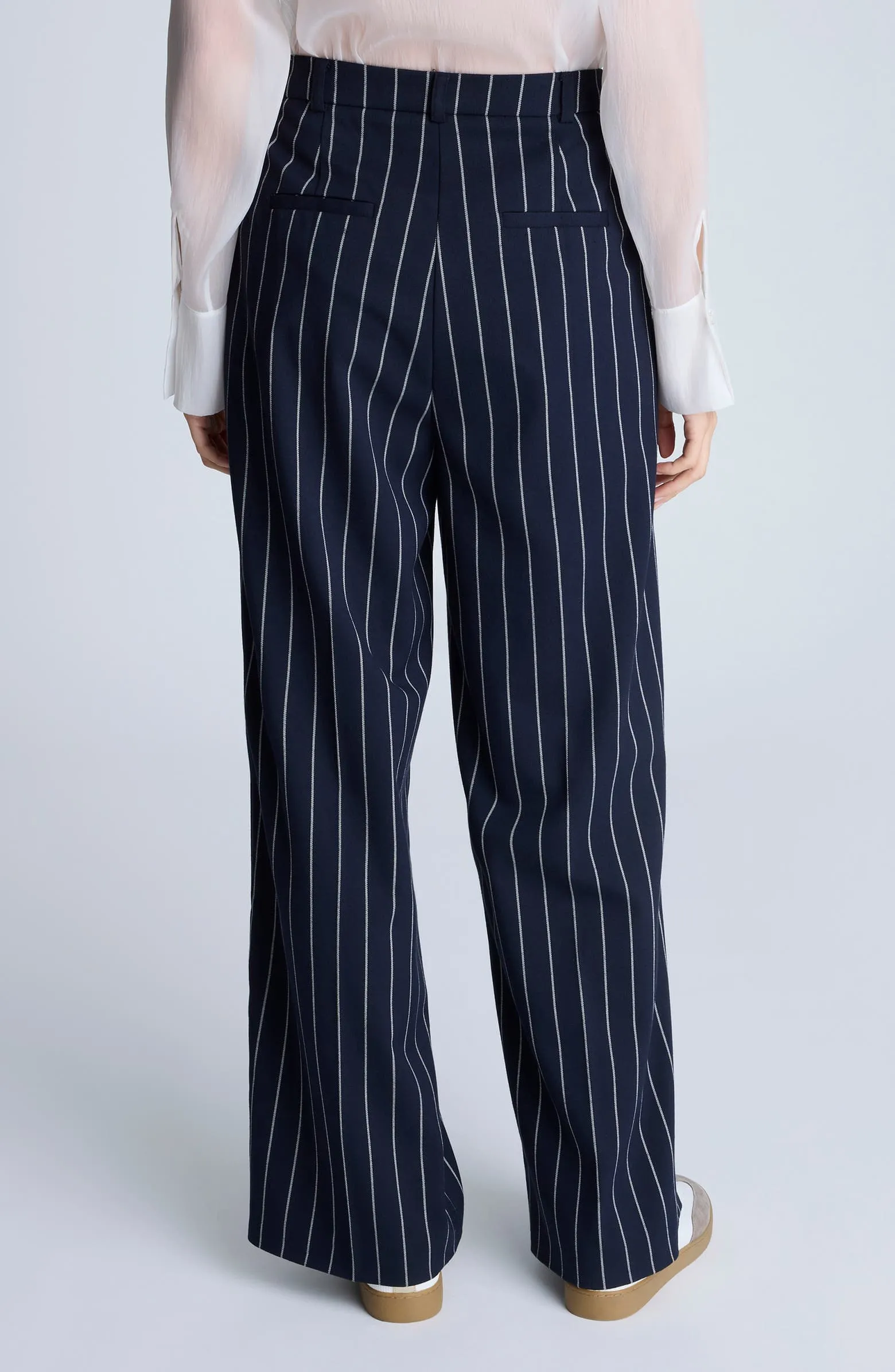 Navy 2 Piece Peak Lapel Double Breasted Wide Leg Pants Casual Striped Women's Suit