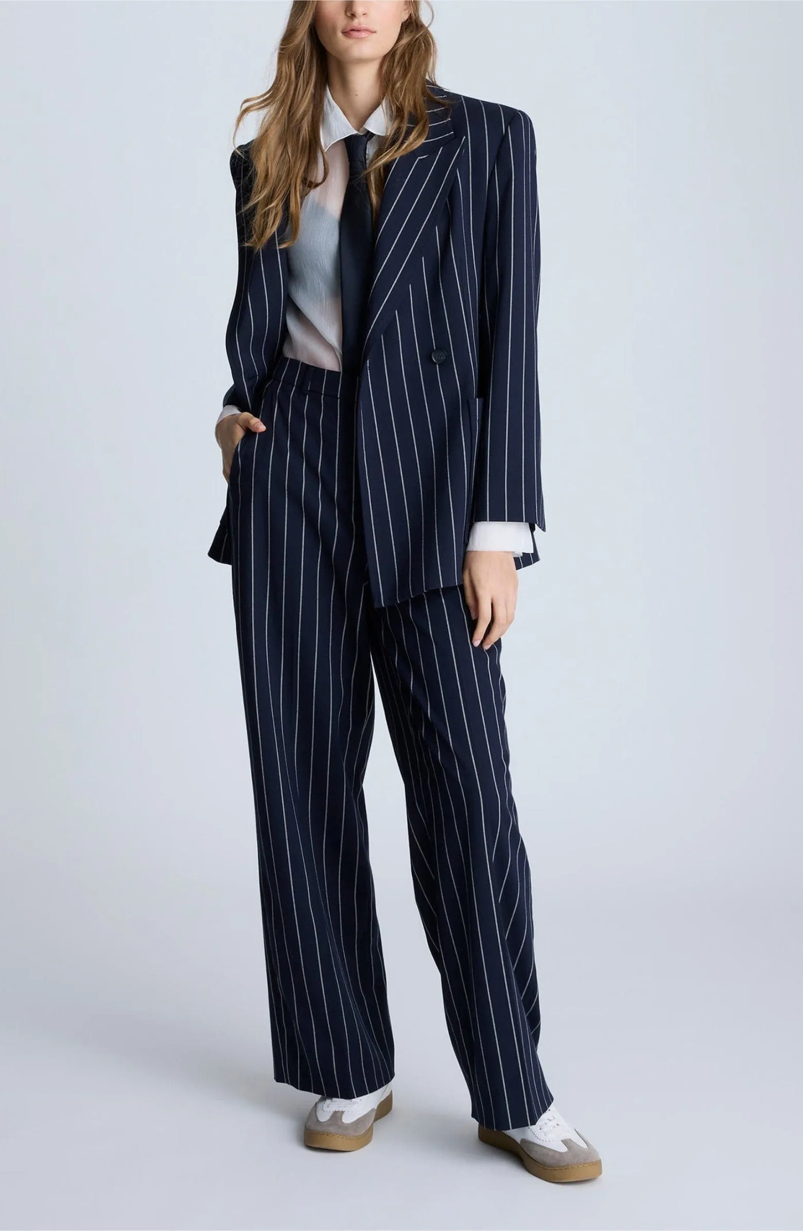 Navy 2 Piece Peak Lapel Double Breasted Wide Leg Pants Casual Striped Women's Suit