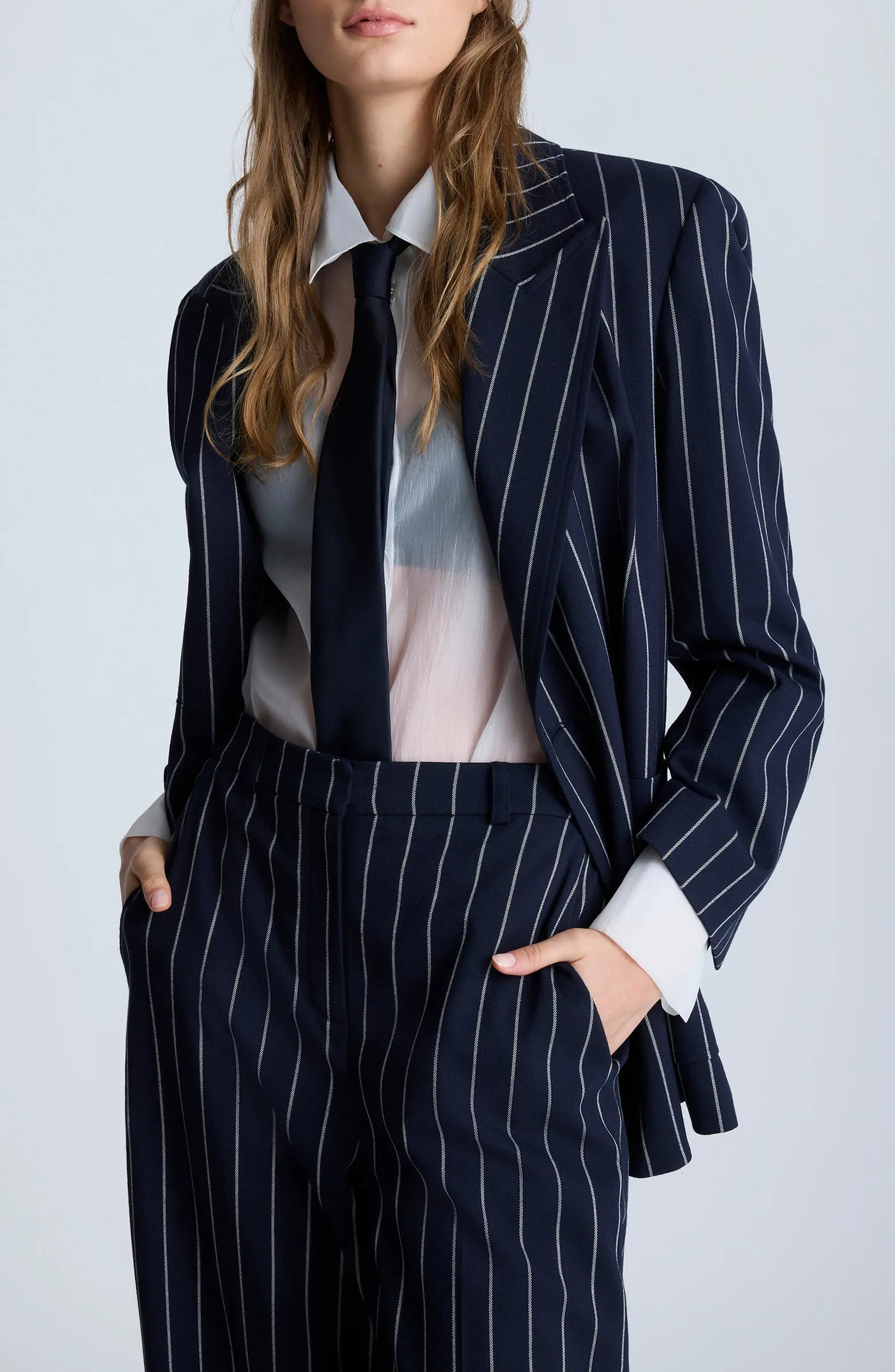 Navy 2 Piece Peak Lapel Double Breasted Wide Leg Pants Casual Striped Women's Suit