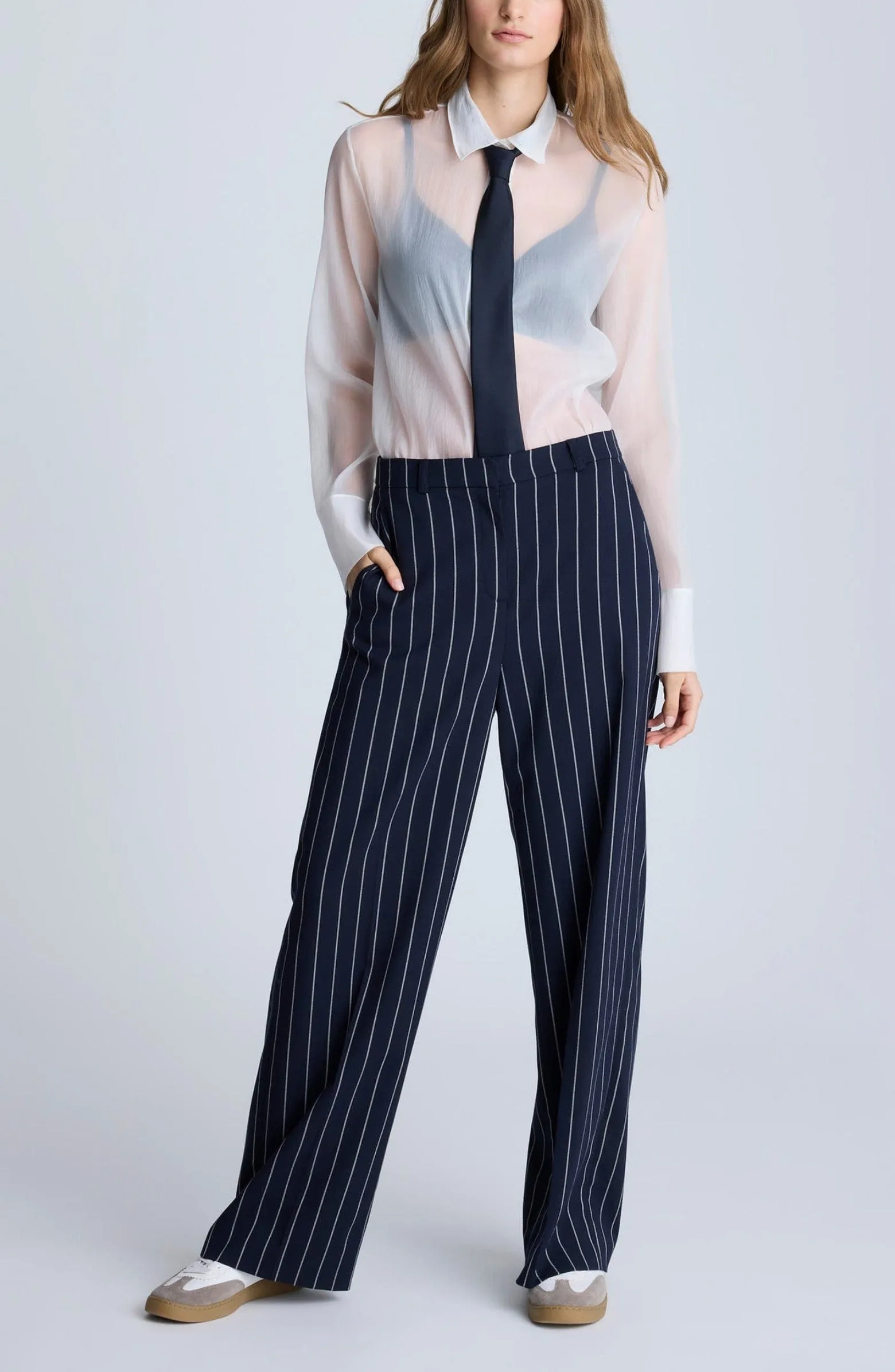 Navy 2 Piece Peak Lapel Double Breasted Wide Leg Pants Casual Striped Women's Suit