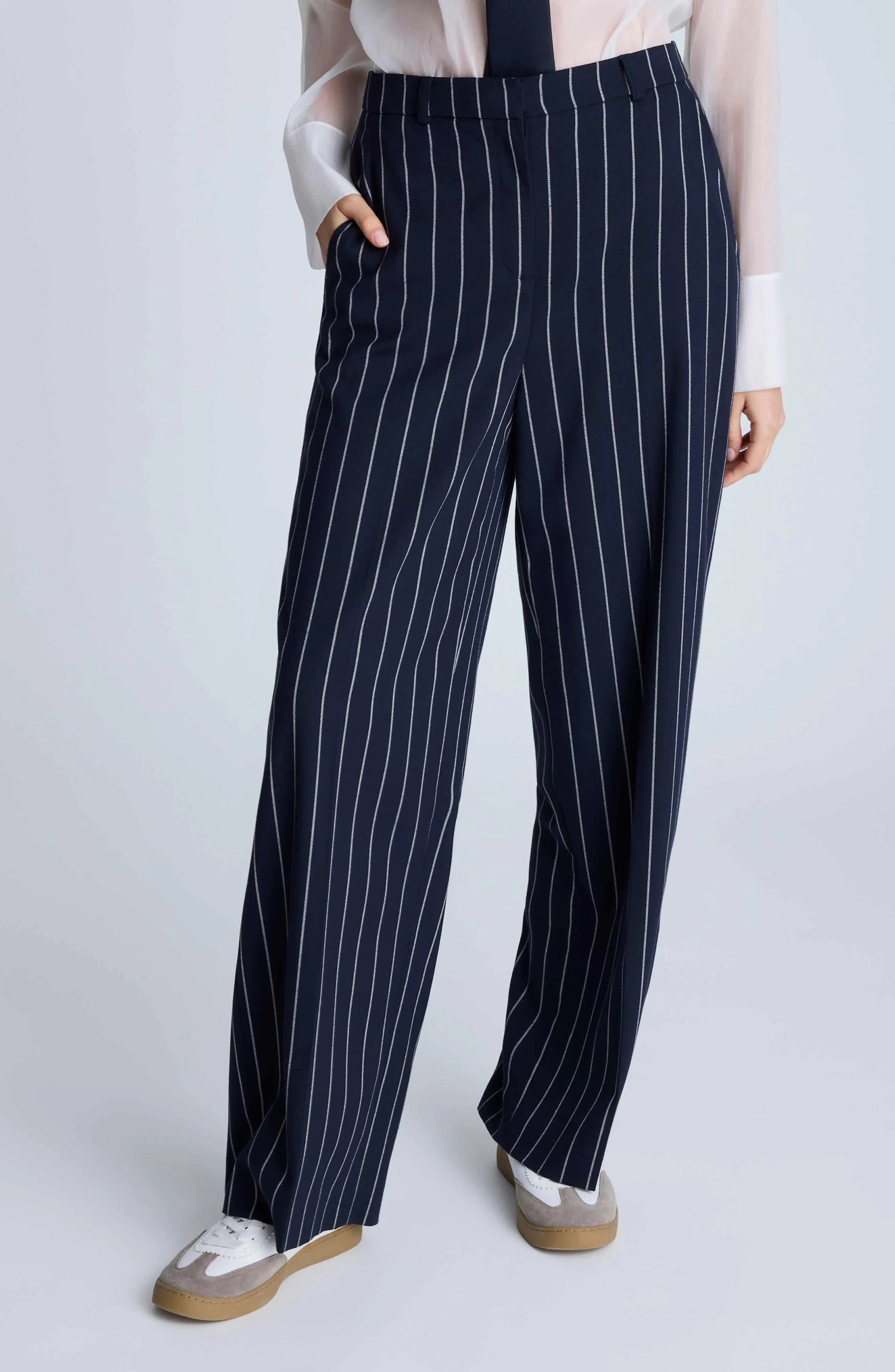 Navy 2 Piece Peak Lapel Double Breasted Wide Leg Pants Casual Striped Women's Suit