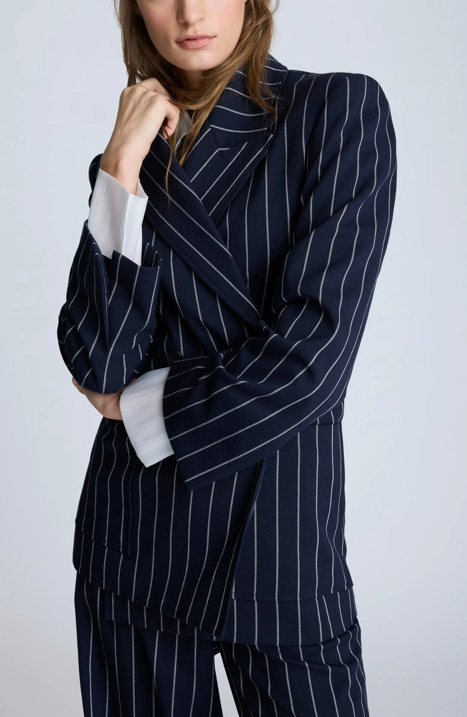 Navy 2 Piece Peak Lapel Double Breasted Wide Leg Pants Casual Striped Women's Suit