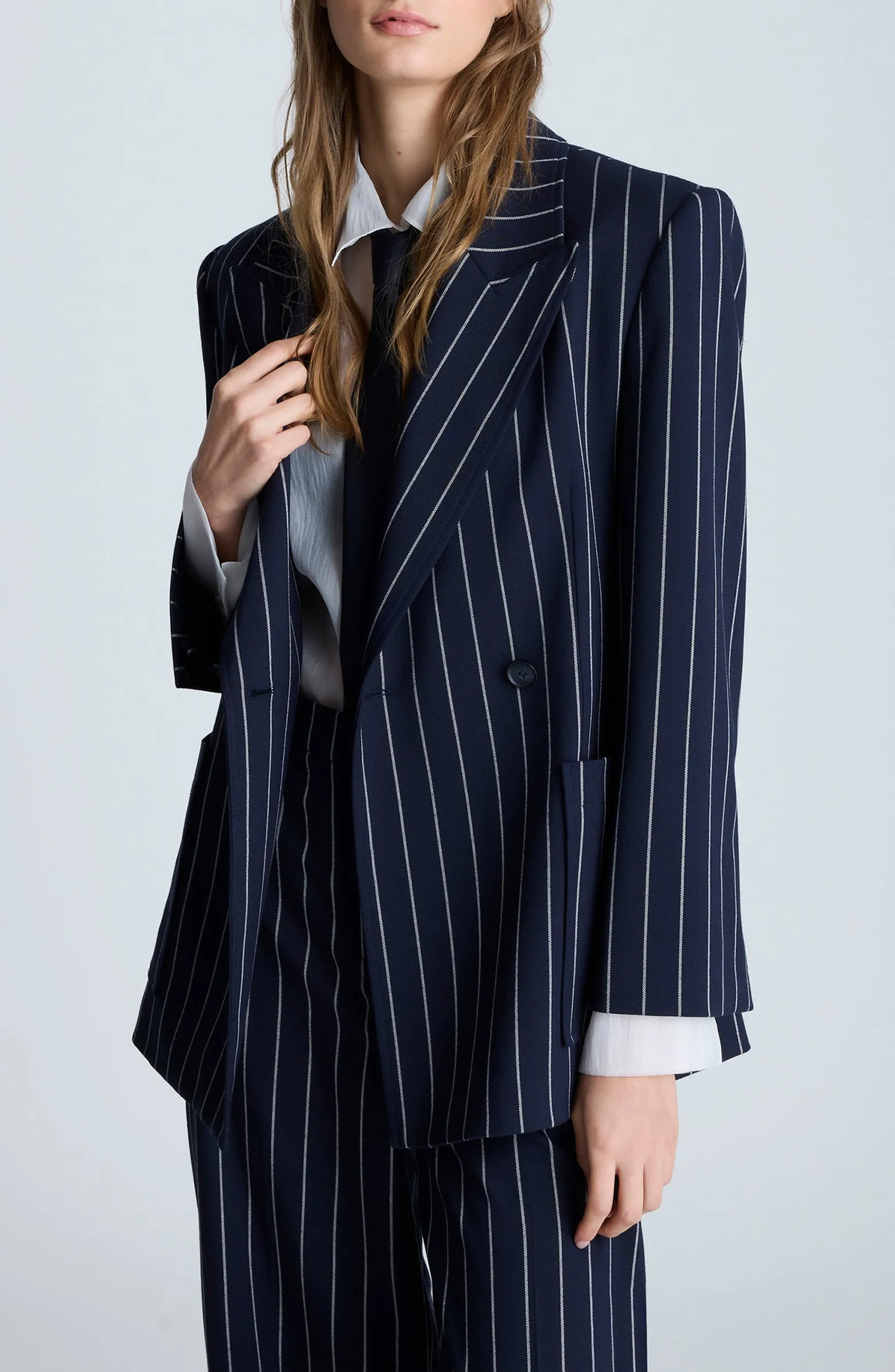 Navy 2 Piece Peak Lapel Double Breasted Wide Leg Pants Casual Striped Women's Suit