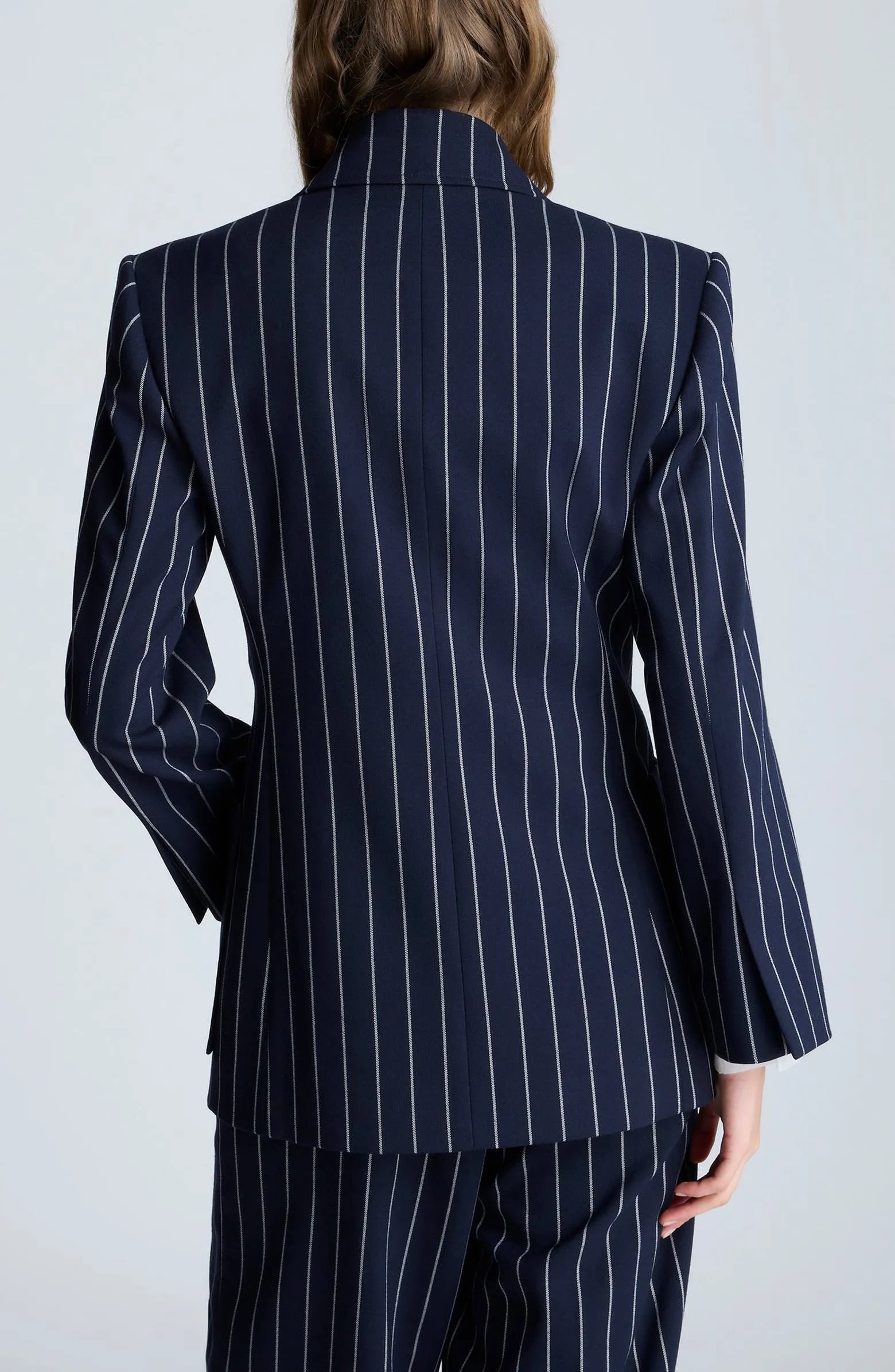 Navy 2 Piece Peak Lapel Double Breasted Wide Leg Pants Casual Striped Women's Suit