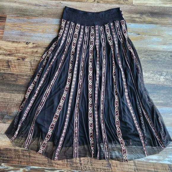 NWoT Soft Surroundings Embroidered Sheer-Mesh Maxi Skirt Pull-On Smocked-Waist