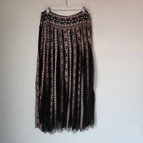 NWoT Soft Surroundings Embroidered Sheer-Mesh Maxi Skirt Pull-On Smocked-Waist