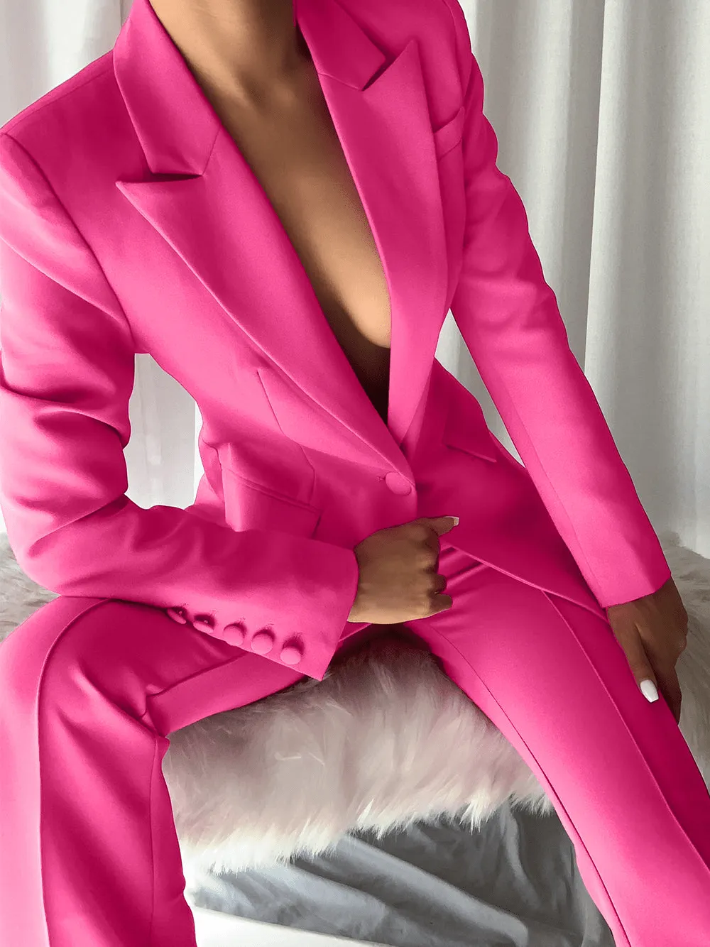 Pink 2 Piece Peak Lapel Single Breasted Slim Fit Women's Suit