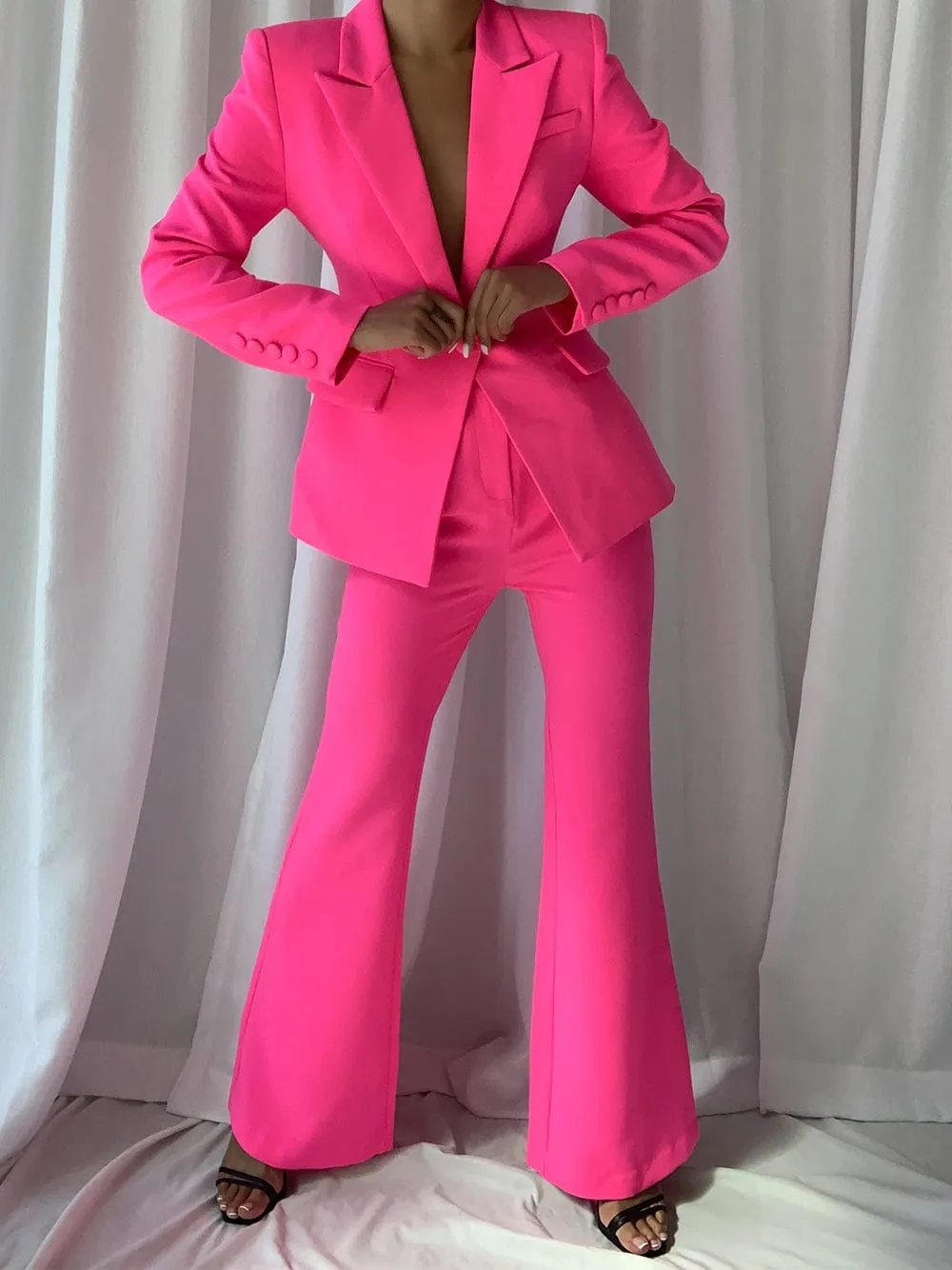 Pink 2 Piece Peak Lapel Single Breasted Slim Fit Women's Suit