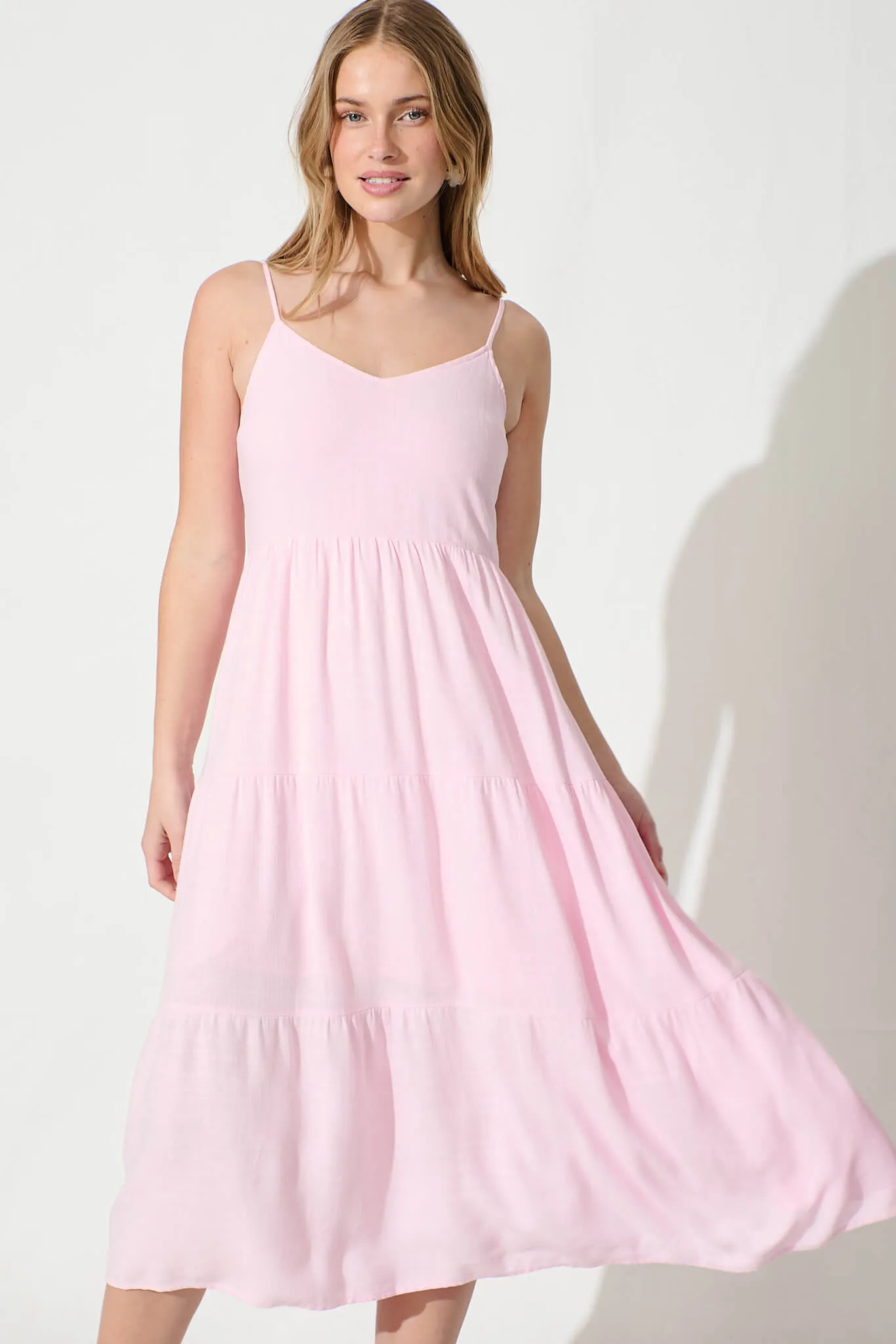 Pink Linen Blend Midi Dress - Utopia Style