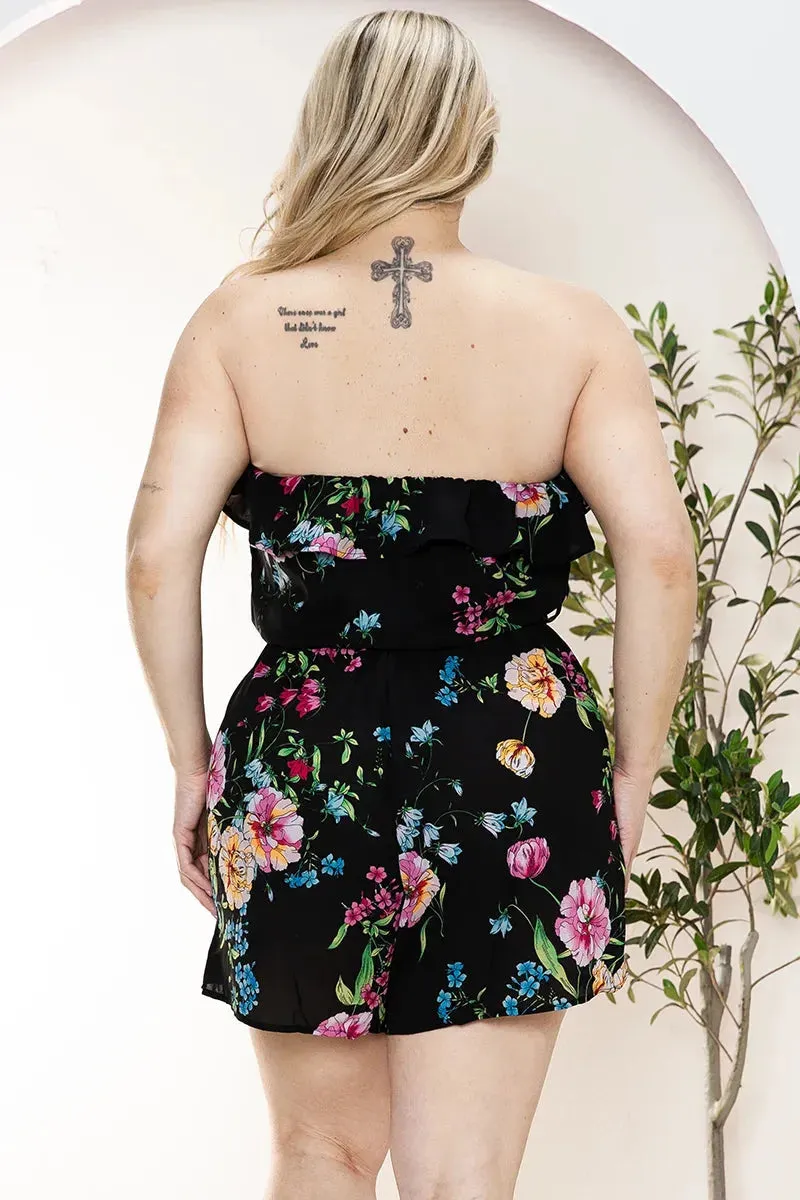 Plus Size Floral Strapless Ruffle Tube Top Belted Romper